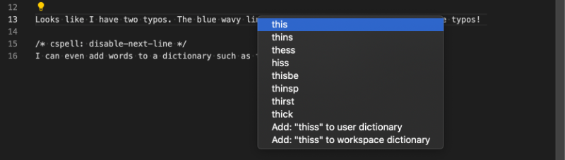 After selecting Quick Fix, a new popup appears with a list of suggestions for correcting the word, thiss. Suggestions are: this, thins, thess, hiss, thisbe, thinsp, thirst,