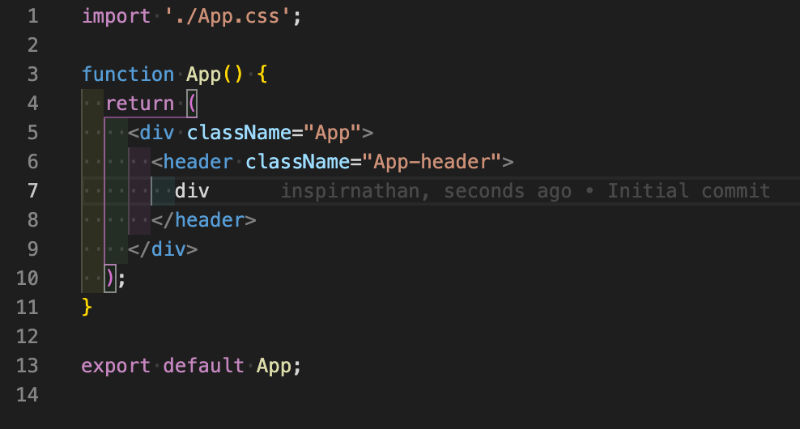 Code snippet showing no autocompletion support in JSX code when user types div