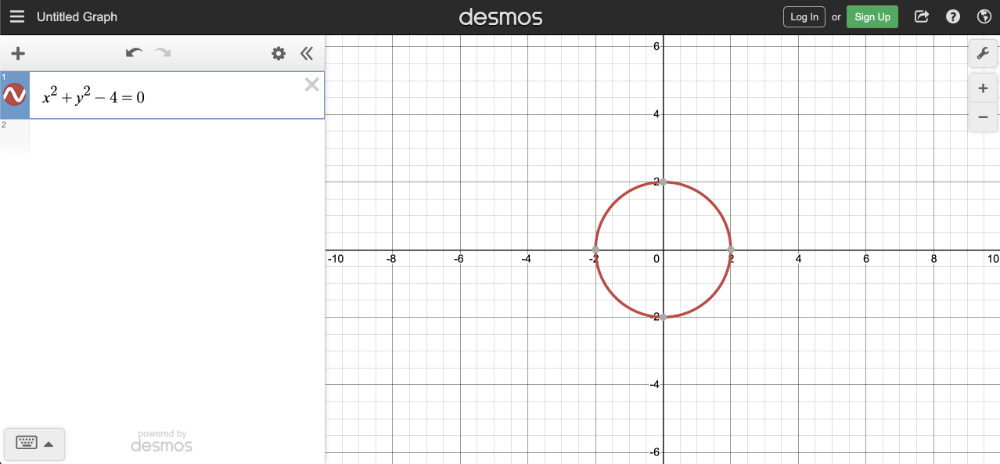 Screenshot of the Demos calculator. The equation for a circle is on the left. The plot of the circle is on the right.