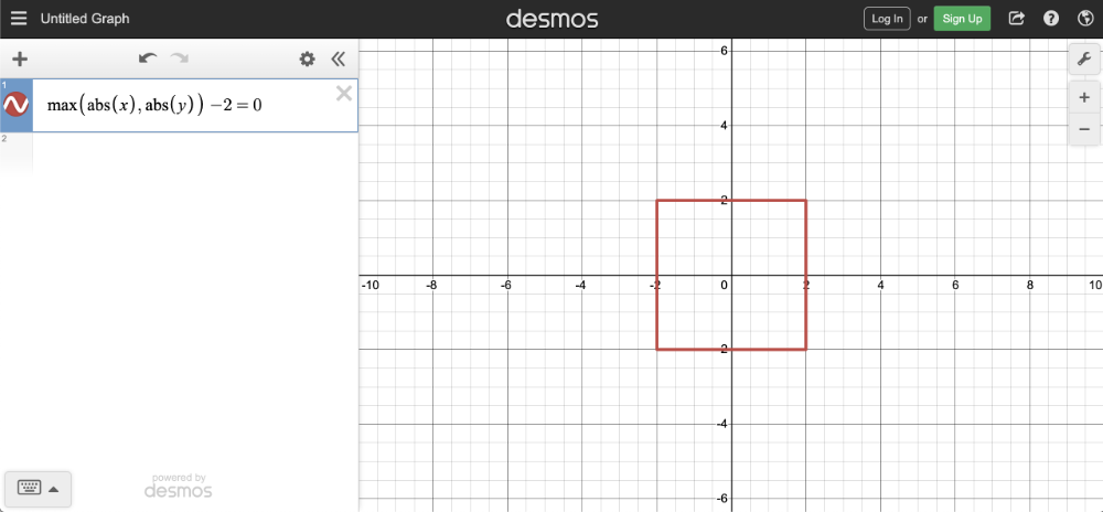 Screenshot of the Demos calculator. The equation for a square is on the left. The plot of the square is on the right.