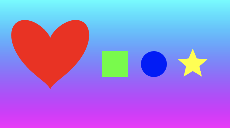 Canvas depicting a red heart, green square, blue circle, and yellow start on top of a background with a colored gradient that ranges from shades of purple at the bottom to shades of cyan at the top.