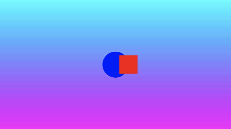 Canvas with a gradient background ranging from shades of purple at the bottom to shades of cyan at the top. A blue circle in the middle. A red square with a radius slightly smaller than the blue circle is placed on top of the blue circle and offset slightly to the right of the middle of the canvas.