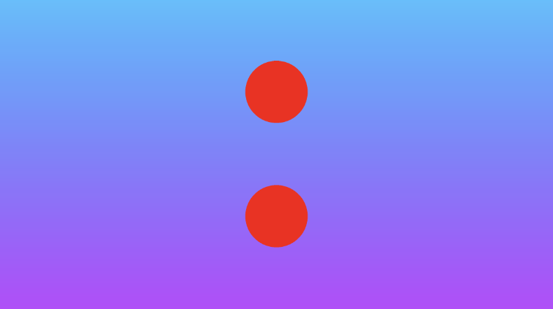 Canvas with a gradient background ranging from shades of purple at the bottom to shades of cyan at the top. Two red circles are drawn to the middle of the canvas. They are equidistant from each other along the y-axis.
