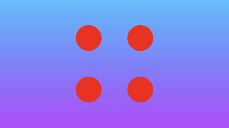 Canvas with a gradient background ranging from shades of purple at the bottom to shades of cyan at the top. Four red circles are drawn to the middle of the canvas. They are equidistant from each other along the x-axis and y-axis.