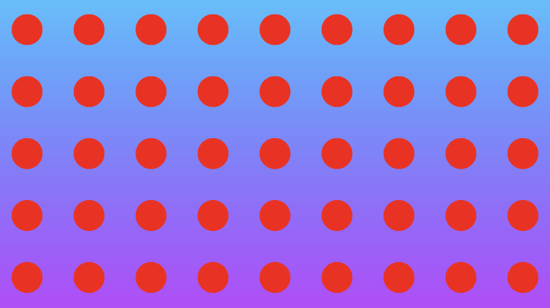 Canvas with a gradient background ranging from shades of purple at the bottom to shades of cyan at the top. An infinite number of red circles are drawn to the middle of the canvas, but only forty-five are visible. They are equidistant from each other