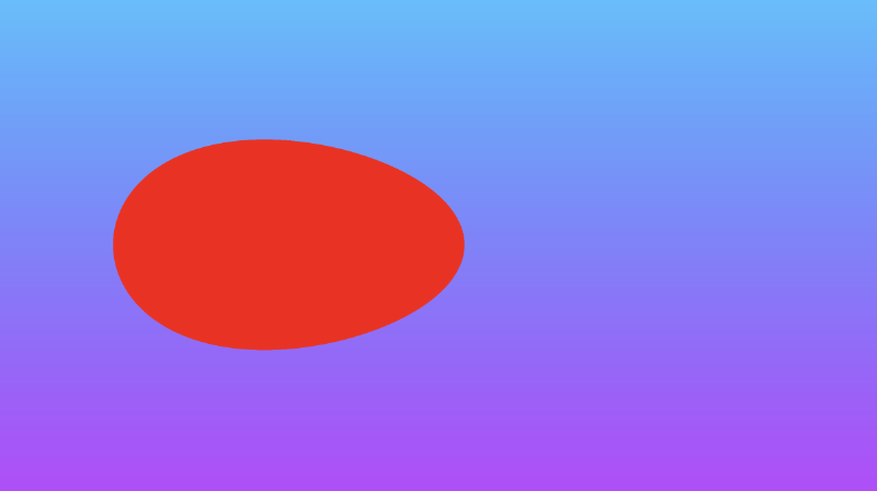 Canvas with a gradient background ranging from shades of purple at the bottom to shades of cyan at the top. A red shape that looks like an egg rotated clockwise 90 degrees is drawn to the canvas.