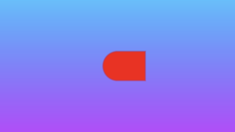 Canvas with a gradient background ranging from shades of purple at the bottom to shades of cyan at the top. A red circle and red rectangle are merged together in the middle of the canvas. The edges are slightly blurred and smoothed out due to