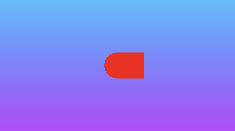 Canvas with a gradient background ranging from shades of purple at the bottom to shades of cyan at the top. A red circle and red rectangle are merged together in the middle of the canvas.
