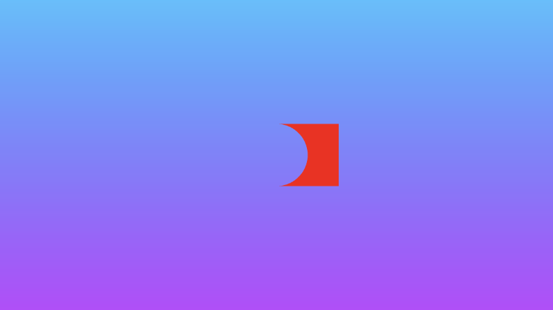 Canvas with a gradient background ranging from shades of purple at the bottom to shades of cyan at the top. The red circle is subtracted from the red square and drawn to the middle of the canvas.