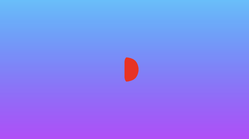 Canvas with a gradient background ranging from shades of purple at the bottom to shades of cyan at the top. The intersection between the red circle and red rectangle are drawn to the middle of the canvas. The edges are blended smoothly.
