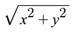 Equation for the magnitude of a vector in 2D Euclidean space. It equals the square root of x squared plus y squared.