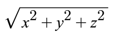 Equation for the magnitude of a vector in 3D Euclidean space. It equals the square root of x squared plus y squared plus z squared.