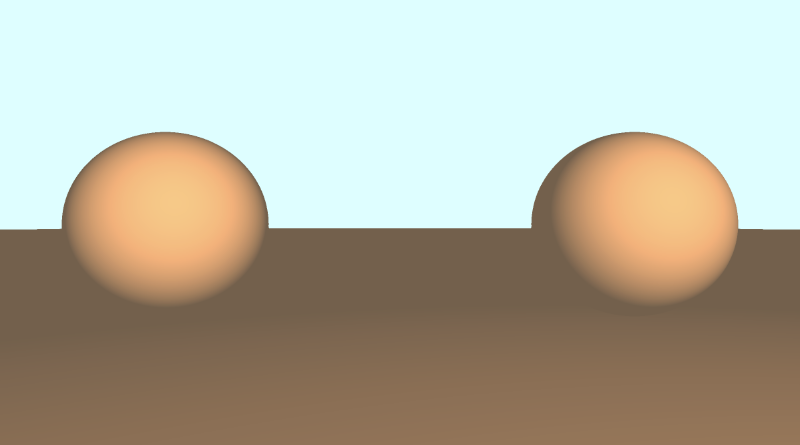 Canvas with light blue background and two orange spheres in the center but spaced evenly apart. A brown floor is behind them and goes from the middle of the canvas to the bottom.