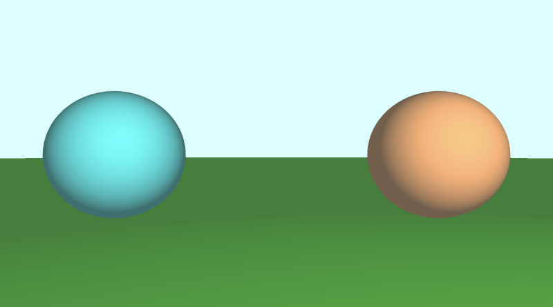 Canvas with light blue background and two spheres in the center but spaced evenly apart. The one on the left is cyan, and the one on the right is orange. A dark green floor is behind them and goes from the middle of the canvas to the bottom.