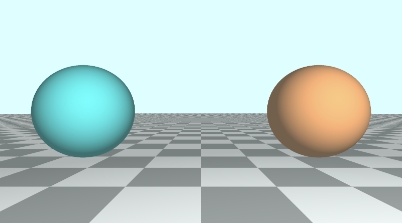 Canvas with light blue background and two spheres in the center but spaced evenly apart. The one on the left is cyan, and the one on the right is orange. A tiled checkered floor is behind them and goes from the middle of the canvas to the bottom. The tile alternates between dark gray and light gray.
