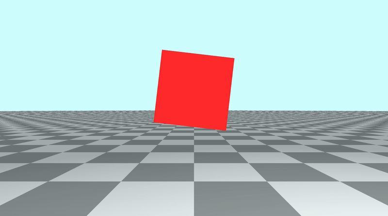 Canvas with a tiled floor on the bottom half of the canvas and light blue sky color in the top half of the canvas. A red cube is placed in the center of the screen. It is rotating around the z-axis and appears to rotate in a clockwise direction. It looks like a red square from the viewer's perspective.