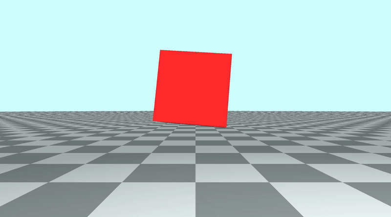 Canvas with a tiled floor on the bottom half of the canvas and light blue sky color in the top half of the canvas. A red cube is placed in the center of the screen. It is rotating around each axis in 3D space.