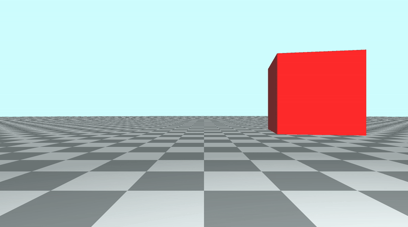 Canvas with a tiled floor on the bottom half of the canvas and light blue sky color in the top half of the canvas. A red cube is placed in the center of the screen. It is rotating around around an invisible vertical pole and staying three units of distance from it.