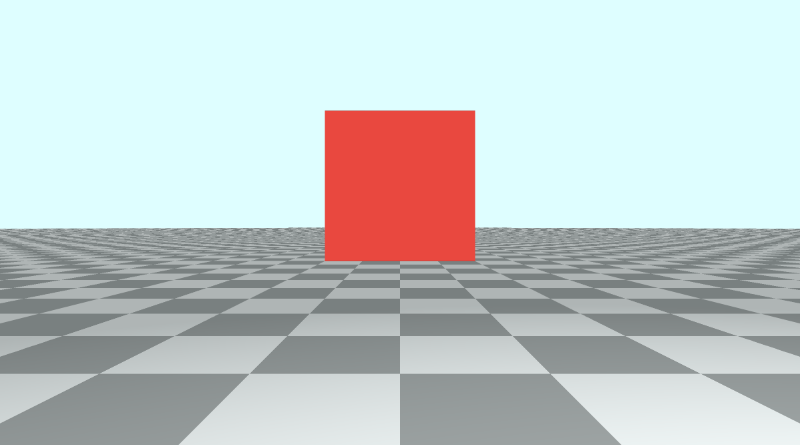 Canvas with a tiled floor on the bottom half of the canvas and light blue sky color in the top half of the canvas. A red cube is placed in the center of the screen.