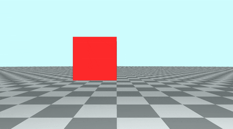 Canvas with a tiled floor on the bottom half of the canvas and light blue sky color in the top half of the canvas. A red cube is in the center of the scene. The camera is rotating in a counter-clockwise direction.