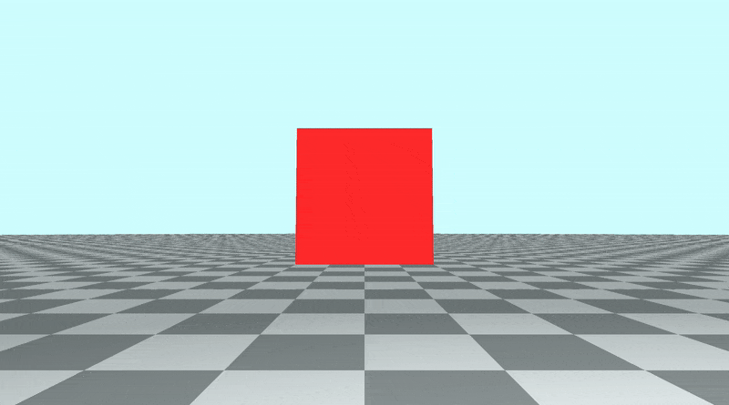 Canvas with a tiled floor on the bottom half of the canvas and light blue sky color in the top half of the canvas. A red cube was placed in the center. The camera is tilted up and down.