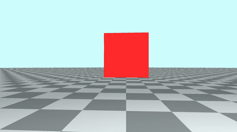Canvas with a tiled floor on the bottom half of the canvas and light blue sky color in the top half of the canvas. A red cube was placed in the center. The camera is tilted left and right.
