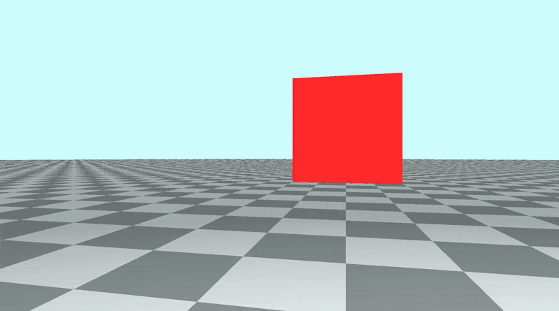Canvas with a tiled floor on the bottom half of the canvas and light blue sky color in the top half of the canvas. A red cube was placed in the center. The camera is tilted left and right to make a complete rotation behind the viewer. A glowy spot can be seen when the camera is turned around.