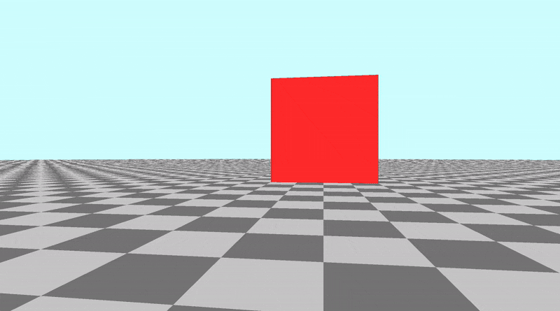 Canvas with a tiled floor on the bottom half of the canvas and light blue sky color in the top half of the canvas. A red cube was placed in the center. The camera is tilted left and right to make a complete rotation behind the viewer. The glowy spot is gone.