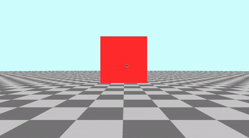 Canvas with a tiled floor on the bottom half of the canvas and light blue sky color in the top half of the canvas. A red cube was placed in the center. The mouse cursor is visible. The camera is moved left to right and up and down.
