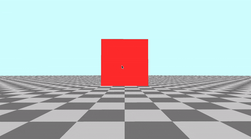 Canvas with a tiled floor on the bottom half of the canvas and light blue sky color in the top half of the canvas. A red cube was placed in the center. The mouse cursor is visible. The camera is tilted left to right and up and down.