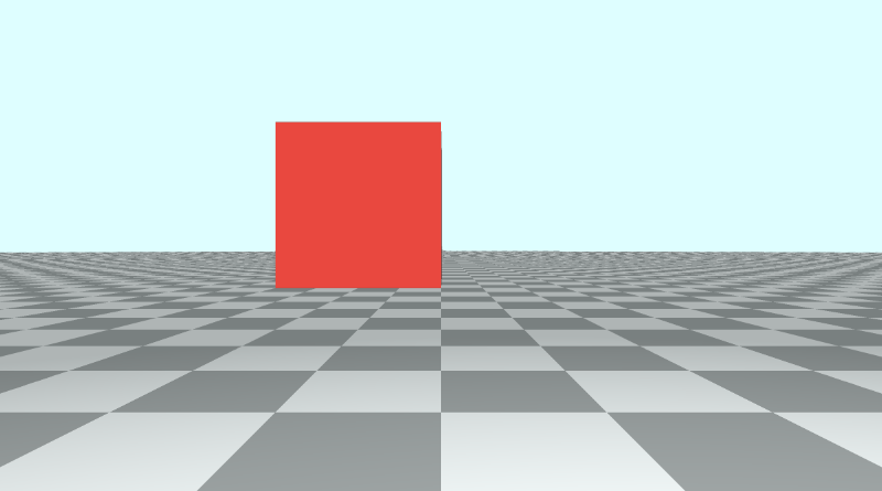 Canvas with a tiled floor on the bottom half of the canvas and light blue sky color in the top half of the canvas. A red cube is slightly to the left of the center of the screen.