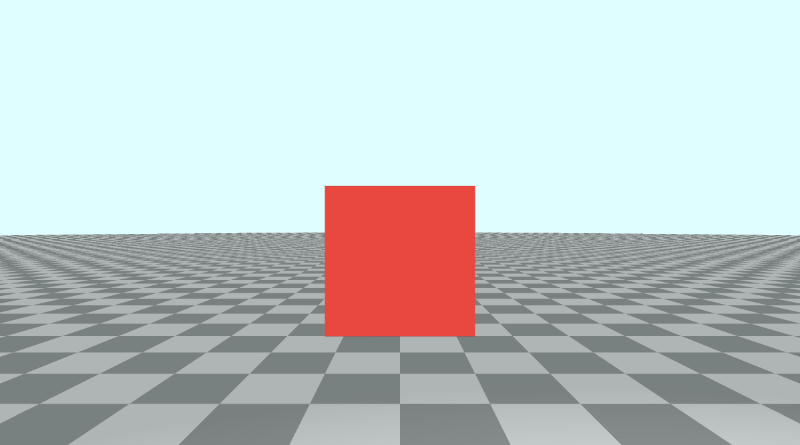 Canvas with a tiled floor on the bottom half of the canvas and light blue sky color in the top half of the canvas. The red cube and floor has shifted slightly down.