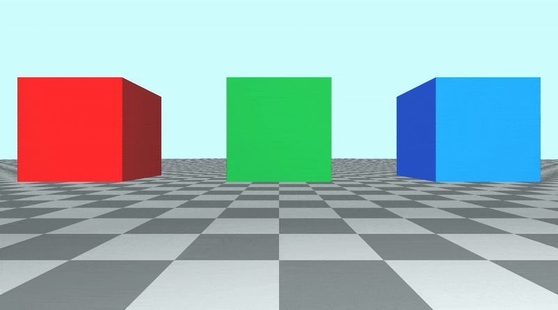 Canvas with a tiled floor on the bottom half of the canvas and light blue sky color in the top half of the canvas. A green cube is placed in the center of the screen. A red cube is on the left of the green cube. A blue cube on the right of the green cube. The camera quickly zooms in and out in a slingshot motion.