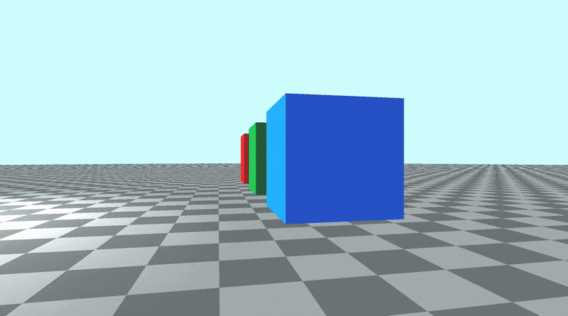 Canvas with a tiled floor on the bottom half of the canvas and light blue sky color in the top half of the canvas. A green cube is placed in the center of the screen. A red cube is on the left of the green cube. A blue cube on the right of the green cube. The camera is moving around the scene in a circular path.