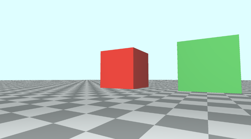 Canvas with a tiled floor on the bottom half of the canvas and light blue sky color in the top half of the canvas. A green cube is placed in the center of the screen. A red cube is placed on the left of the green cube. A blue cube is placed on the right of the green cube. The camera is currently looking at the red cube.