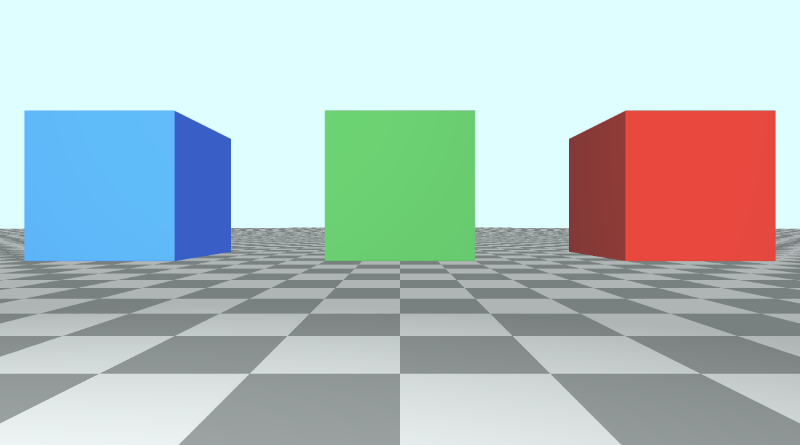 Canvas with a tiled floor on the bottom half of the canvas and light blue sky color in the top half of the canvas. A green cube is placed in the center of the screen. The red cube is now placed on the right of the green cube. The blue cube is now placed on the left of the green cube.