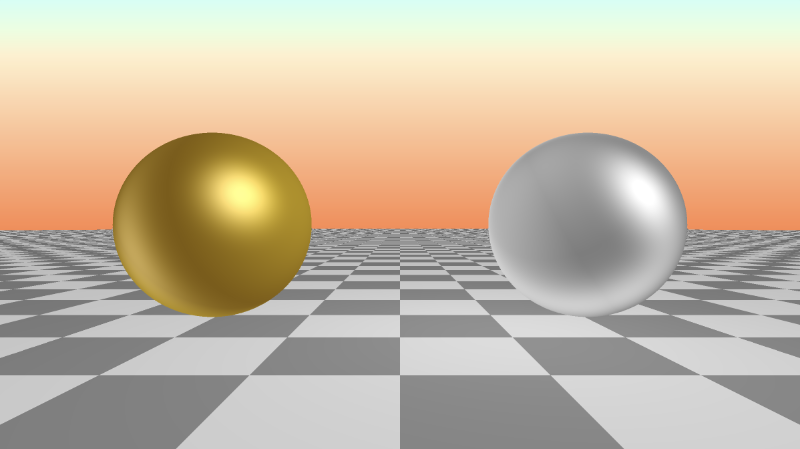Shadertoy canvas with sunset sky background color and two spheres in the center but spaced evenly apart. The one on the left is gold, and the one on the right is silver. A tiled checkered floor is behind them and goes from the middle of the canvas to the bottom. The tile alternates between dark gray and light gray.
