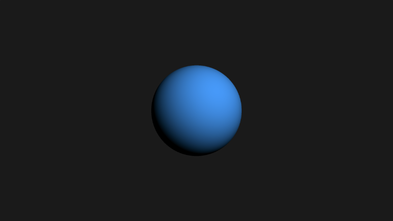 Canvas with an almost black background and blue sphere in the center. The sphere is illuminated from the top-right, causing shadows on the bottom-left.