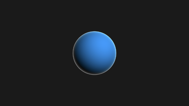 Canvas with an almost black background and blue sphere in the center. The sphere is illuminated from the top-right, causing shadows on the bottom-left. With fresnel reflection, the sphere appears to have a white rim.