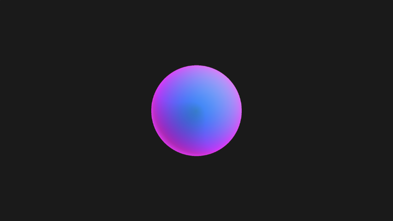 Canvas with an almost black background and blue sphere in the center. The sphere is illuminated from the top-right, causing shadows on the bottom-left. With fresnel reflection using an exponent of 0.5, the sphere appears to have a pink force field around it.