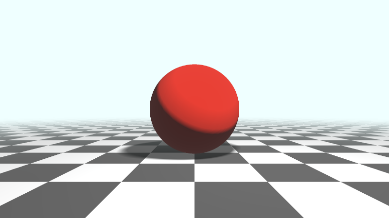 Shadertoy canvas with light blue background color and a red sphere in the center. There is a soft shadow behind the sphere that appears translucent and has soft edges. A tiled checkered floor is behind the sphere and goes from the middle of the canvas to the bottom. With gamma correction applied, the scene appears brighter, and the tiles alternates between dark gray and light gray. It looks like there is a fog applied to the back of the floor. The color of the fog matches the light blue background color.
