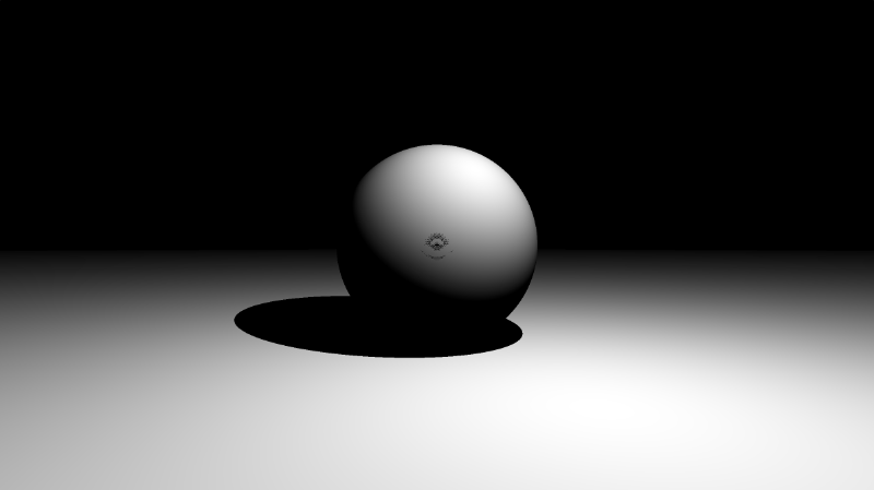 Canvas with a black background and white sphere in the center. The sphere is illuminated from the top-right, causing the sphere to appear dark on the bottom-left. The sphere sits on top of a white floor. The light is casting a shadow behind the sphere. A strange artifact is in the middle of the sphere.