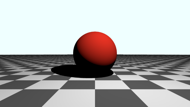 Shadertoy canvas with light blue background color and a red sphere in the center. A light is casting a shadow behind the sphere. A tiled checkered floor is behind the sphere and goes from the middle of the canvas to the bottom. With gamma correction applied, the scene appears brighter, and the tiles alternates between dark gray and light gray.