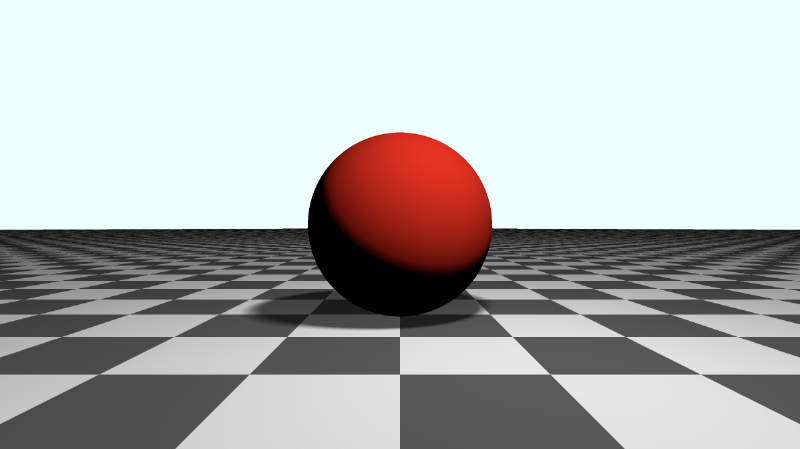 Shadertoy canvas with light blue background color and a red sphere in the center. There is a soft shadow behind the sphere that appears translucent and has soft edges. A tiled checkered floor is behind the sphere and goes from the middle of the canvas to the bottom. With gamma correction applied, the scene appears brighter, and the tiles alternates between dark gray and light gray.
