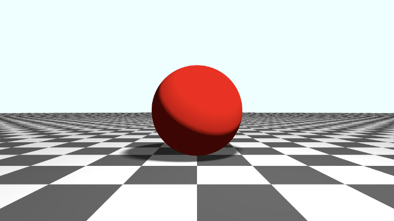 Shadertoy canvas with light blue background color and a red sphere in the center. There is a soft shadow behind the sphere that appears translucent and has soft edges. A tiled checkered floor is behind the sphere and goes from the middle of the canvas to the bottom. With gamma correction applied, the scene appears brighter, and the tiles alternates between dark gray and light gray. The entire scene appears brighter with 0.5 added to the diffuse reflection value.
