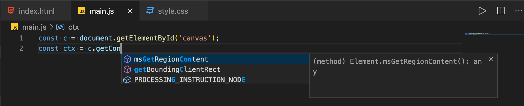 using canvas api with no intellisense in vs code