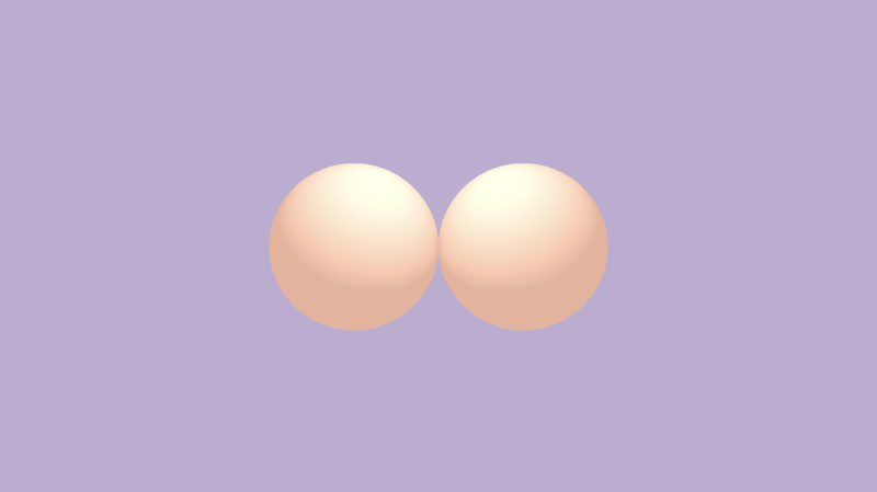Shadertoy canvas with a bright purple background. Two white spheres with a tint of orange are drawn to the center of the canvas. They are placed side by side along the x-axis.