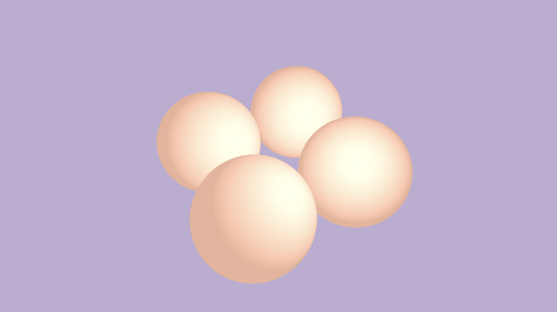 Shadertoy canvas with a bright purple background. Four white spheres with a tint of orange are drawn to the center of the canvas. They are placed side by side along the x-axis and z-axis.
