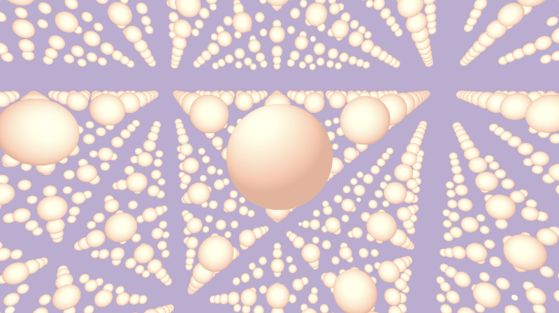 Shadertoy canvas with a bright purple background. White spheres with a tint of orange are scattered everywhere in the X, Y, and Z directions. They are spaced evenly apart in 3D space.