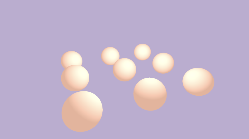 Shadertoy canvas with a bright purple background. Nine white spheres with a tint of orange are drawn to the center of the canvas. They are placed equidistant from each other along the x-axis and z-axis.